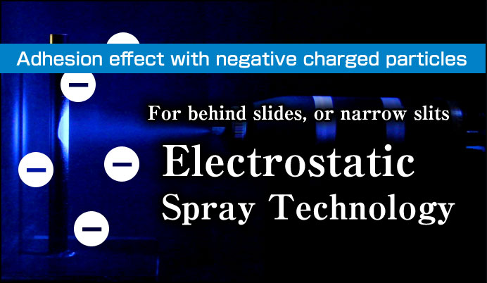 Adhesion effect with negative charged particles. For behind slides, or narrow slits. Electrostatic Spray Technology.